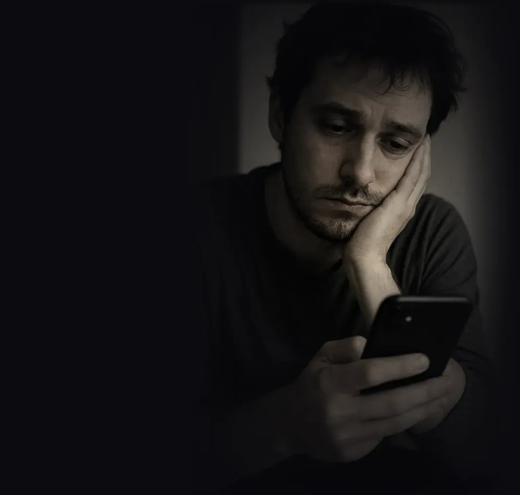 Homem apoiando o rosto na mão, desanimado, olhando uma foto no celular