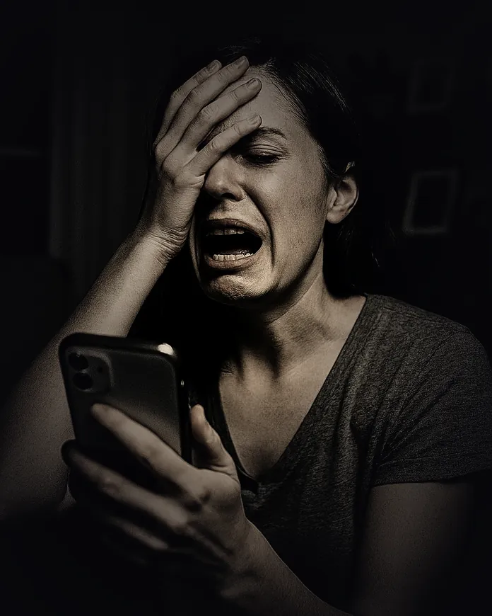 Mulher com a mão na testa, frustrada, olhando o celular